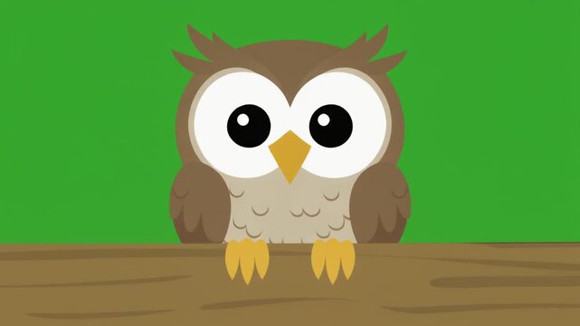 Cute cartoon owl character sitting on a wooden branch isolated on green screen chroma key background.