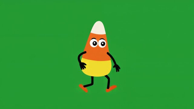 A cute cartoon candy corn character walking isolated on green screen chroma key background.