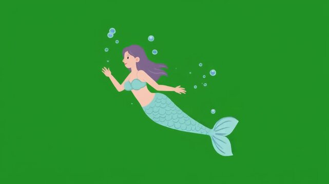 A cute cartoon mermaid swimming underwater with bubbles isolated on green screen chroma key background.