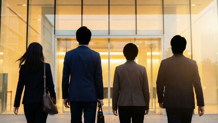 Obraz premium Summer Hiring Three Person Team Rear View Golden Hour Achievement Teamwork Corporate Japan Professional Perfect for corporate advertising and business presentations