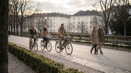 Naklejka premium Shared Boulevard Cycling Scene with Walkers in Vienna Public Space