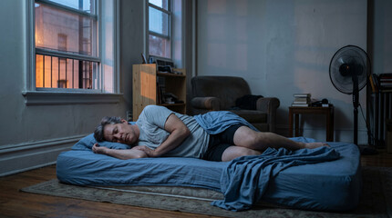 Fototapeta premium Pre Dawn Apartment Floor Mattress Scene After Oppressive Summer Night