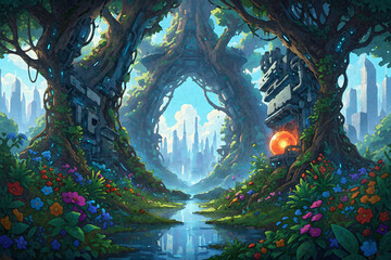 Obraz premium 自然とテクノロジーが融合した幻想的な未来都市への入り口 / Entrance to a Fantastic Future City Where Nature and Technology Merge
