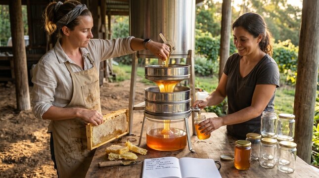Women Honey Producers Bottling Harvest At Rural Processing Table