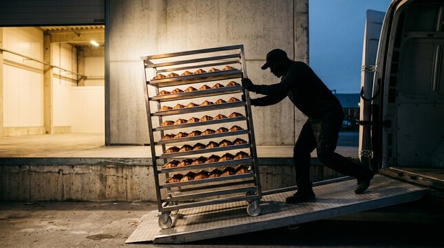 Side profile stainless bakery rack loaded with croissants on dawn ramp