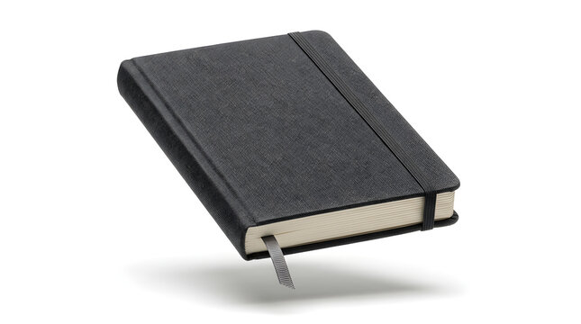 A sleek black hardcover notebook with an elastic band and bookmark floating in mid-air, isolated on a white background for stationery product design.