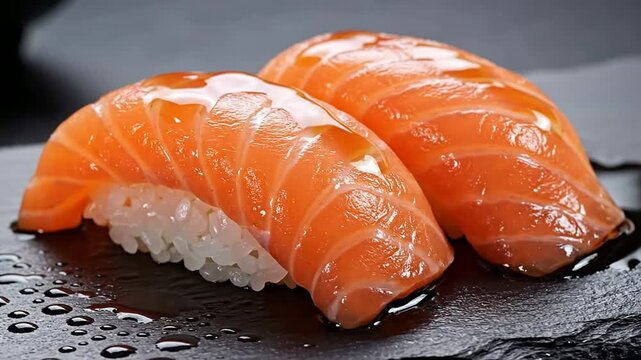 Extreme Close-Up of Two Pieces of Salmon Nigiri Sushi on a Black Slate Platter, Highlighting Color and Texture for Culinary Presentation
