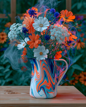 Wildflowers in Vintage Enamel Pitcher on Wooden Table