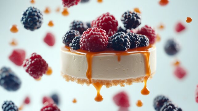floating cheesecake, mixed berries generative ai