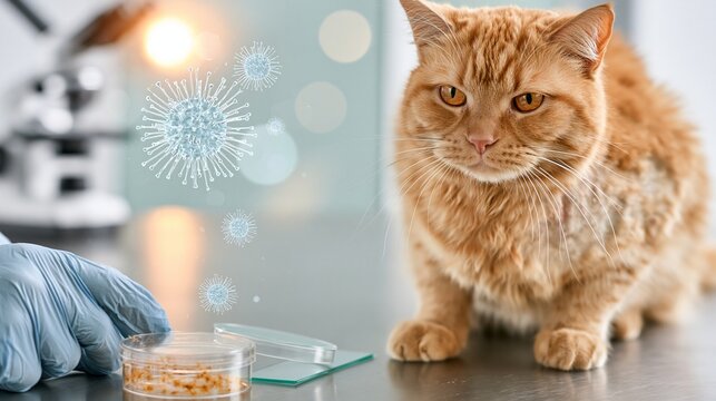 A ginger cat with patchy fur sits on a stainless veterinary table, while a gloved hand, petri dish, and microscope slide show fungal culture.