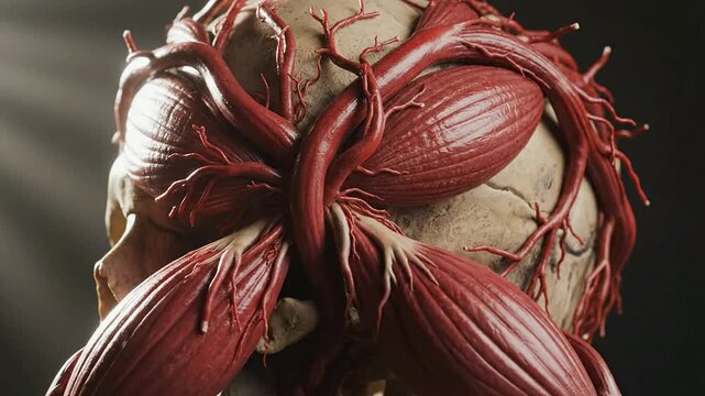 Intricate 3D Rendering of a Skull Intertwined with Deep Red Muscle Fibers Resembling Vine-Like Structures