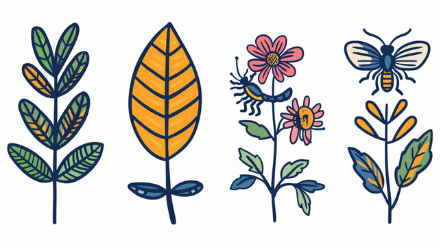 Hand-drawn style image of leaves, flowers and insect on a white background