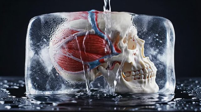 Intricate Skull And Muscle Model Encased In Clear Melting Ice With Water Droplets Dripping In A Striking Scientific Scene