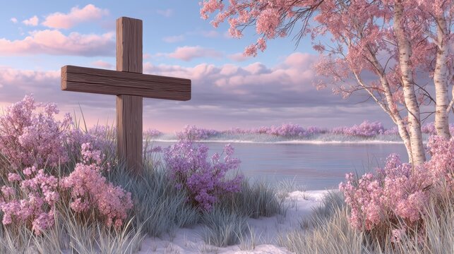 Wooden cross among birch trees  nature and spirituality image