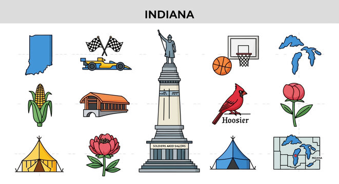 Vector illustration of unique icon sheet with symbols of the Hoosier state landmarks nature and sports