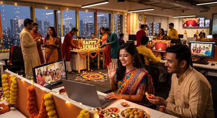 Diwali, or Deepavali,  is an important religious and cultural event in India that celebrates light. Real, modern India: people celebrating in offices and on video calls with family.  © juanorihuela