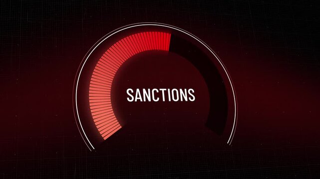 Futuristic interface dial measuring economic sanctions decreasing, red scale dropping to zero, business metrics animation presenting relief, global trade recovery, easing. Copy space