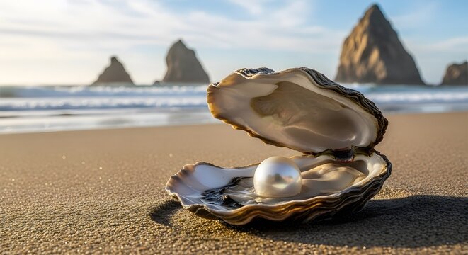 Pearl in open oyster shell on sandy beach with ocean and cliffs
