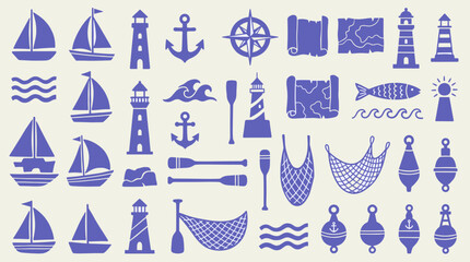 Naval and maritime icons collection illustrating various sea life symbols like ships anchors and lighthouses for nautical design projects © Boob's