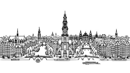 Obraz premium Amsterdam City Skyline Linear Vector Illustration with Historic Buildings and Canals