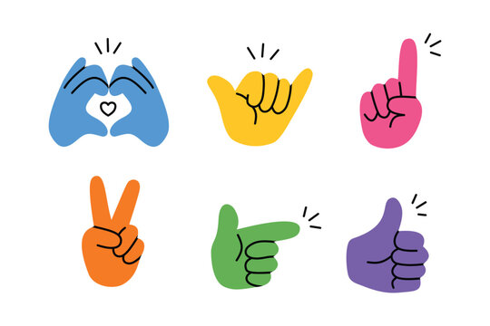 Cute colorful hand gestures sticker set vector illustration flat hand signs icon pack with love heart peace shaka thumbs up asset