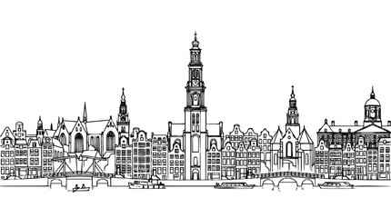 Fototapeta premium Amsterdam Skyline Vector Sketch, Hand Drawn Netherlands Cityscape Illustration with Canal Houses