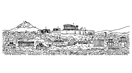 Obraz premium Athens Skyline Sketch with Acropolis and Parthenon Panoramic Cityscape Illustration