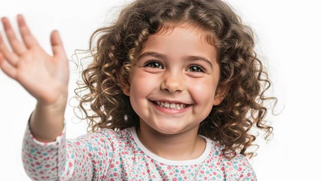 Curly Haired Girl Waving Hello: A cheerful young girl with a radiant smile and curly hair waves hello, her eyes sparkling with warmth and innocence.