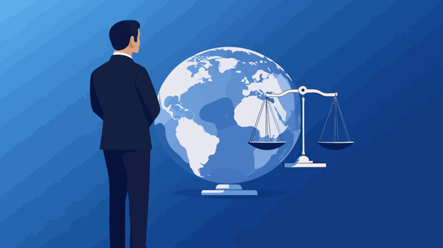 Man in suit gazing at a globe with an imbalance scale