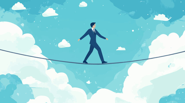 Businessman in suit walking on a high wire across clouds in sky