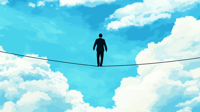 Businessman walking on a tightrope between clouds in sky