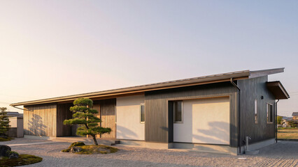 Fototapeta premium Sunset Glowing Modern Japanese House with Bonsai Garden Radiating Harmony Tranquility and Heritage Perfect for Real Estate Advertising Architecture Magazine and Travel Brochure