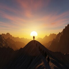 Naklejka premium A solitary silhouette leads a collective group along a winding mountain trail during a golden sunrise, illustrating guidance and team success, career, challenge, sky