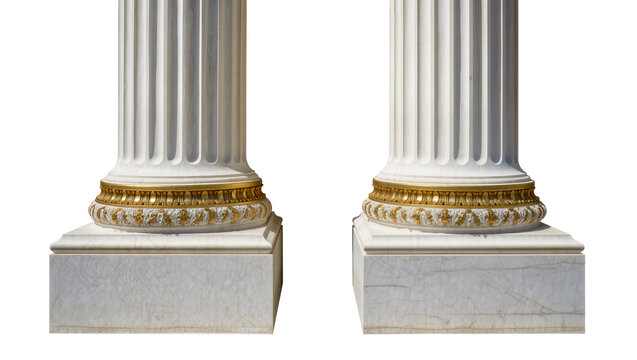 Isolated white marble classical architectural columns with gilded bases on plinths