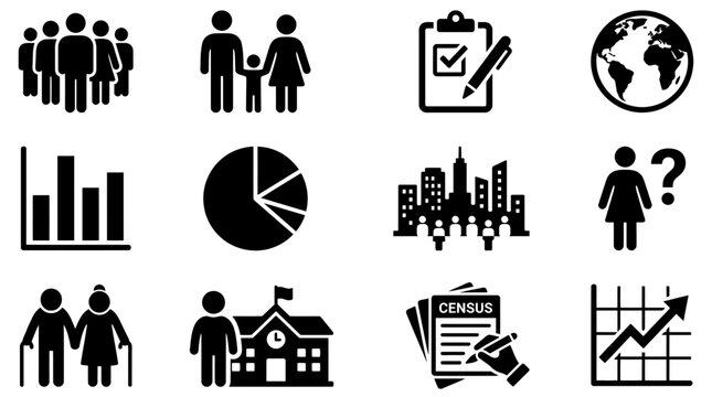 Demographics Icons Set: Population, Family, Census, Globe, City, Data