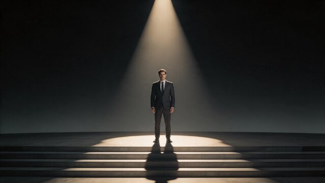 Man in suit standing on steps under spotlight