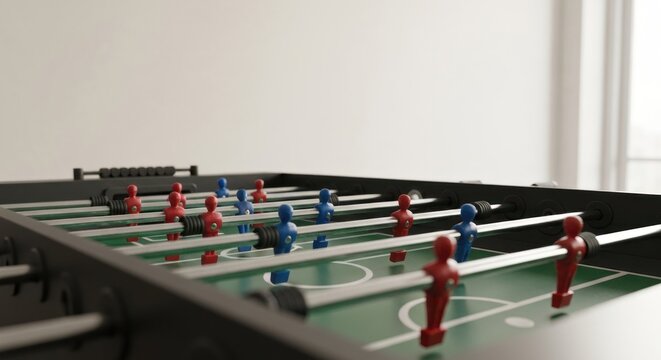 Close-up of foosball table with red and blue figures on green playing surface