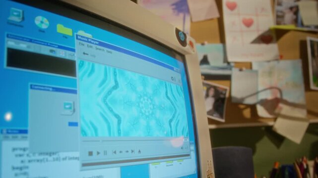 Retro CRT computer monitor displaying colorful kaleidoscope visualizer on media player software. Footage serves well for nostalgic technology documentaries or retro-themed marketing campaigns