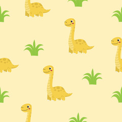 Cute Yellow Brachiosaurus Dinosaur and Grass Seamless Pattern Background © bytaristudio