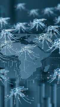 Swarm of mosquitoes rendered as glowing scientific symbols above a clean regional map silhouette, lab tubes and protective research graphics in the background, cautious mood, cool lighting, wide