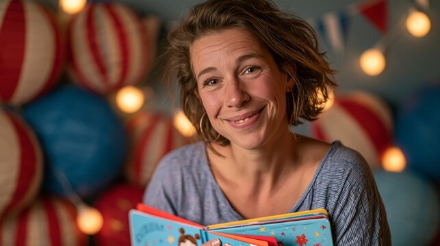 A smiling middle-aged woman holding a colorful children's book in a cozy studio with red, white, and blue decorations, warm and celebratory mood, soft key lighting, waist-up composition.