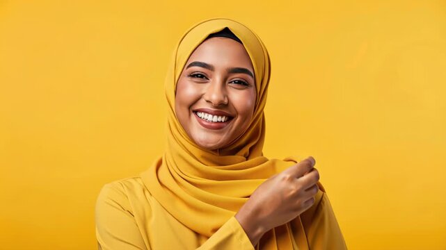 Radiant Muslim Woman: A joyful Muslim woman wearing a vibrant yellow hijab and smiling warmly against a solid yellow background, exuding confidence and happiness.