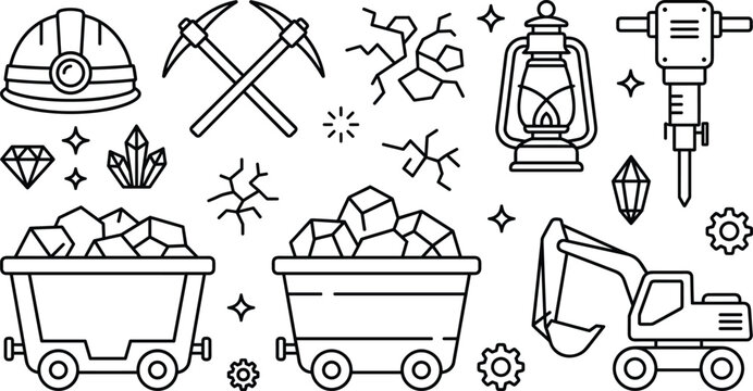Coal mining industry machinery and tools line art vector element collection with excavator carts helmet and pickaxe