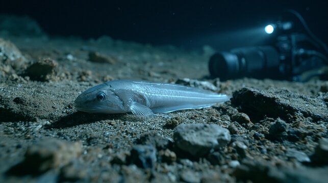 A translucent deep-sea snailfish gliding over a rocky ocean floor beside a research camera, quiet mood, dim blue lighting, low-angle composition.