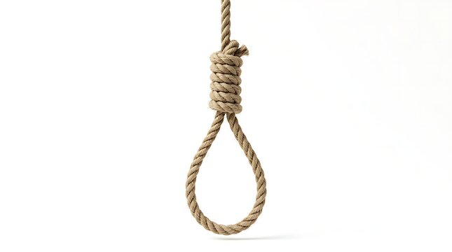 Rustic rope noose tied in traditional knot isolated on white background with material execution metaphor isolated