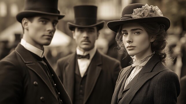 Three formally dressed individuals in period attire stand solemnly at a public gathering with blurred crowd background suggesting historical election event atmosphere captured in sepia tone