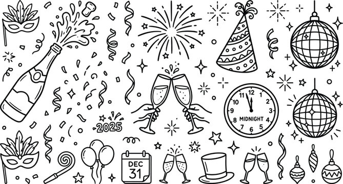 New Year celebration party line art vector doodle set with champagne clock fireworks and disco ball icons