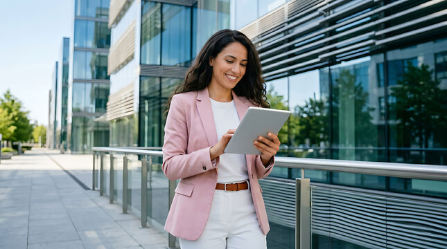 Smiling Businesswoman Using Digital Tablet While Walking Outside Modern Office Building, Confident Female Professional in Corporate Business District with Technology and Urban Lifestyle