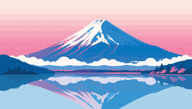 Majestic Mount Fuji Reflection on Calm Lake at Pink Sunrise. Beautiful Japanese Landscape Vector Illustration with Snow-Capped Peak, Pastel Sunset Sky and Tranquil Water Scenery.