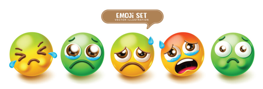Emoji faces clipart set with sad, crying, sick, worried, and anxious emoticon faces with different facial expressions. Vector illustration. 
